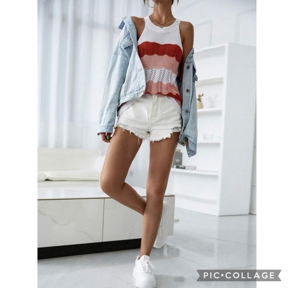 Boho Color Block Open Knit Pointelle Tank Top Size Medium - Picture 4 of 5